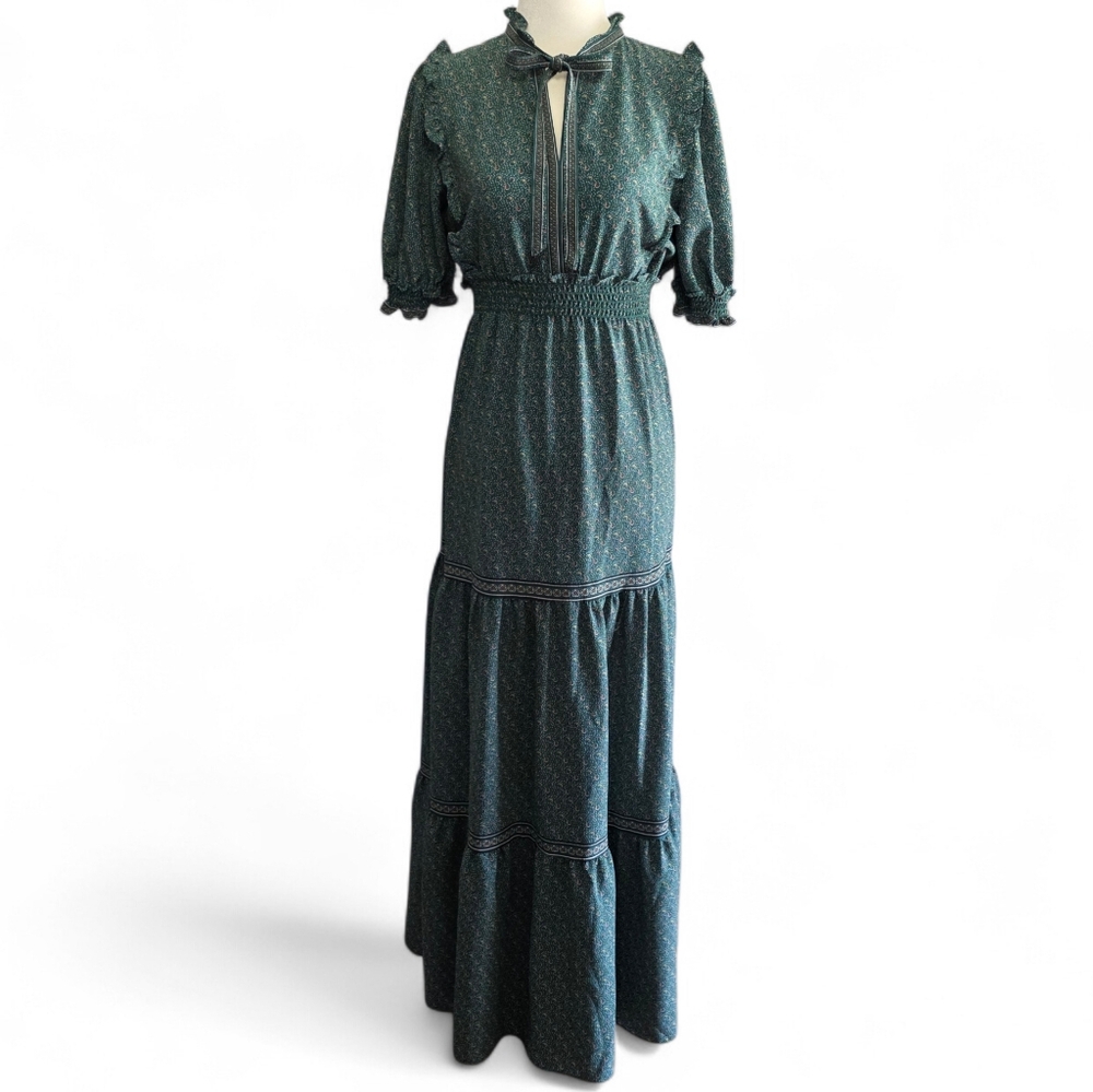 Max Studio Green Pattern Maxi Dress with Ruffle Sleeves